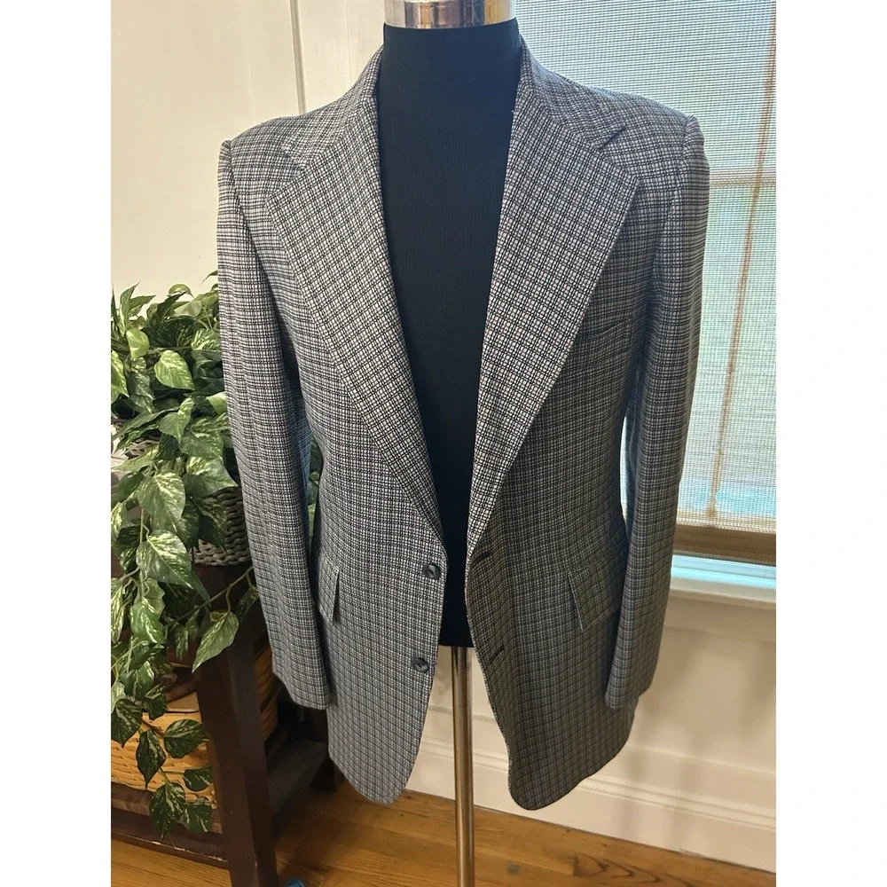 Vtg 70s Blue Gray Maroon Plaid Double Knit Golf Sport Coat Jacket Blazer 40 L